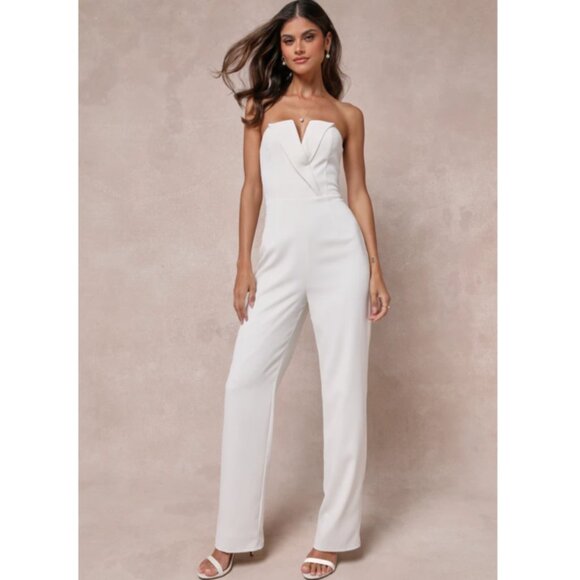 Lulus Striking Attitude White Strapless Surplice Jumpsuit, 2225676, Sz M, $44 - Picture 1 of 9